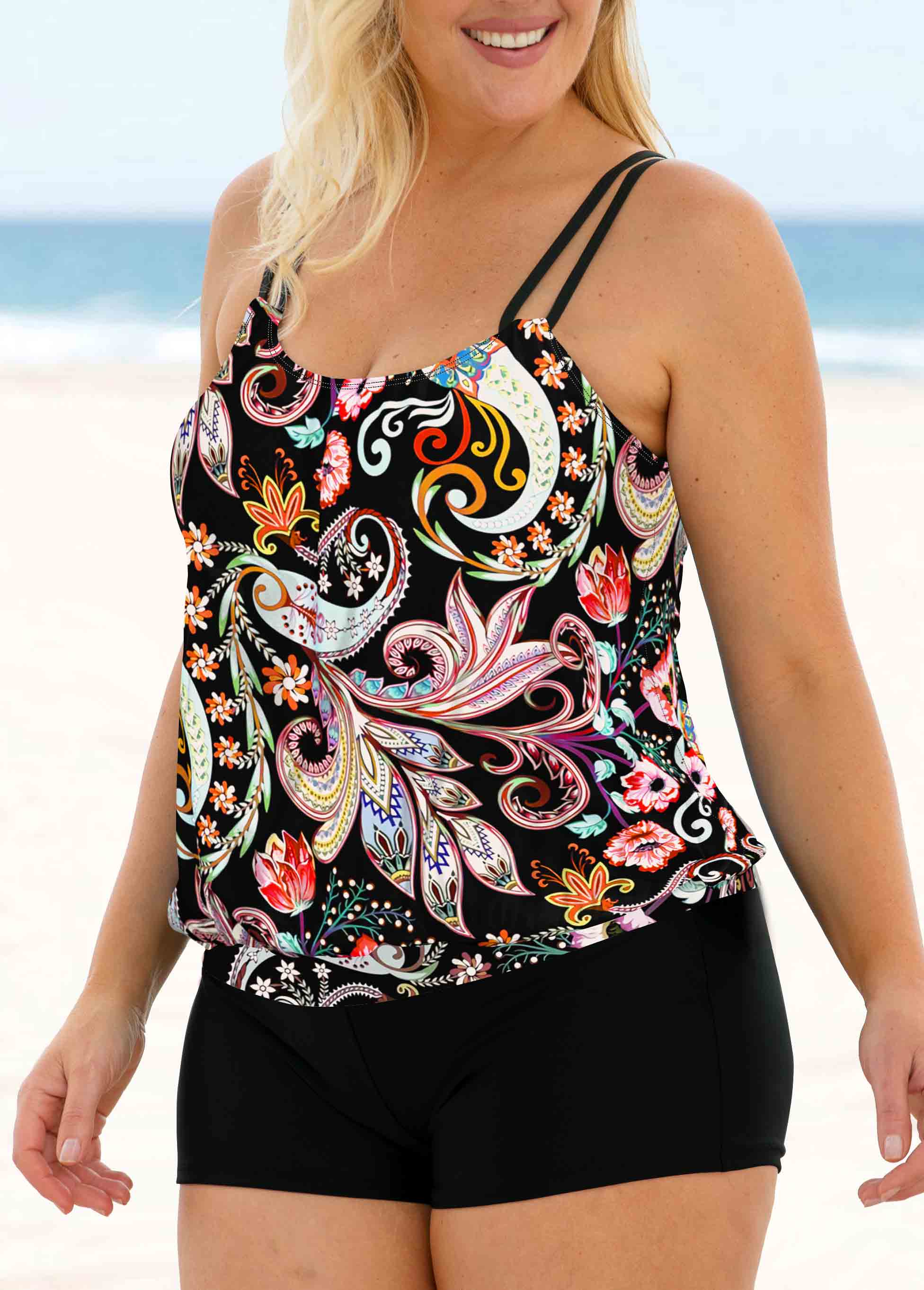 Multi Color plus size,Paisley plus size,ROTITA Plus Size Multi Color Paisley Print Tankini Top