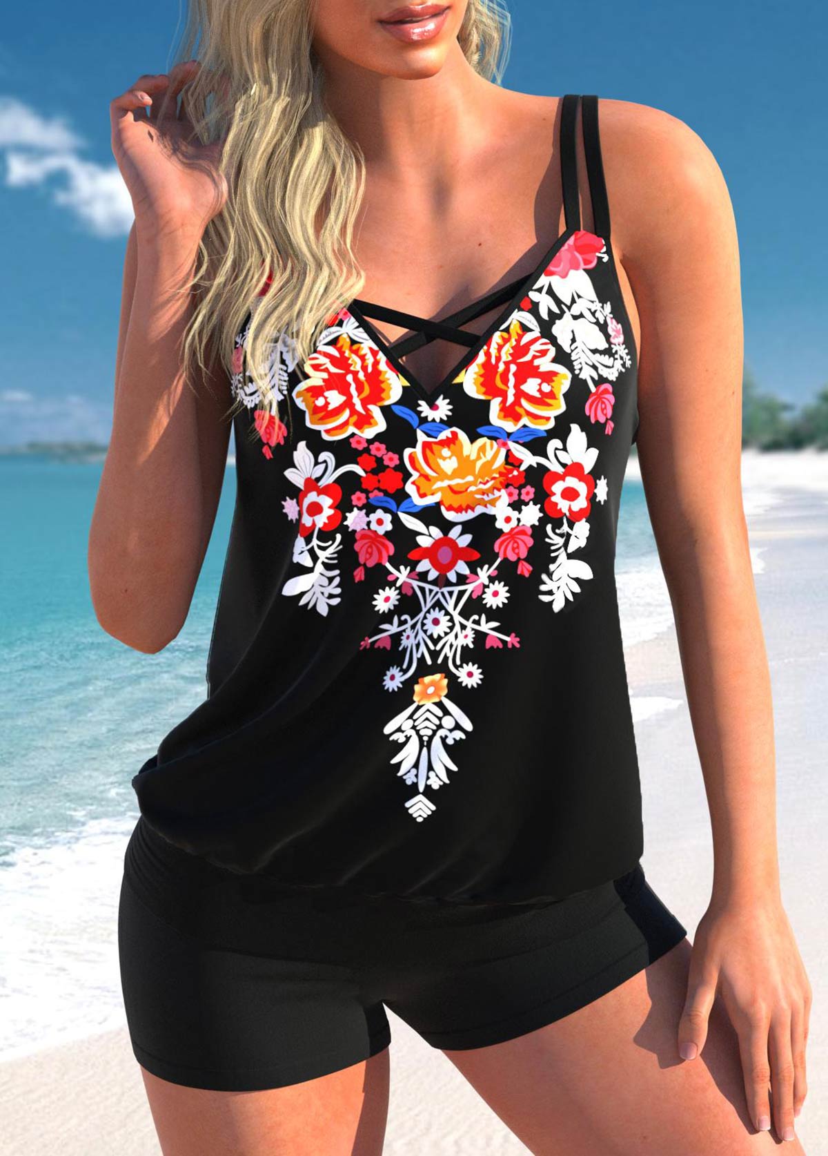 Black swimwear,Tribal swimwear,ROTITA Floral Print Black Cross Strap Tankini Top