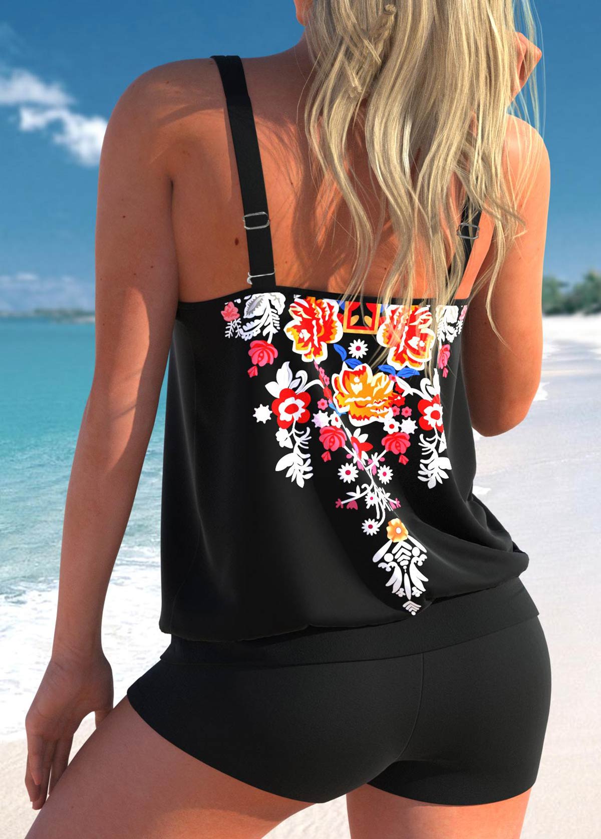 Black swimwear,Tribal swimwear,ROTITA Floral Print Black Cross Strap Tankini Top