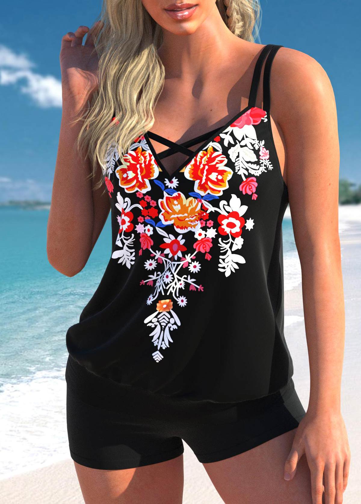 Black swimwear,Tribal swimwear,ROTITA Floral Print Black Cross Strap Tankini Top