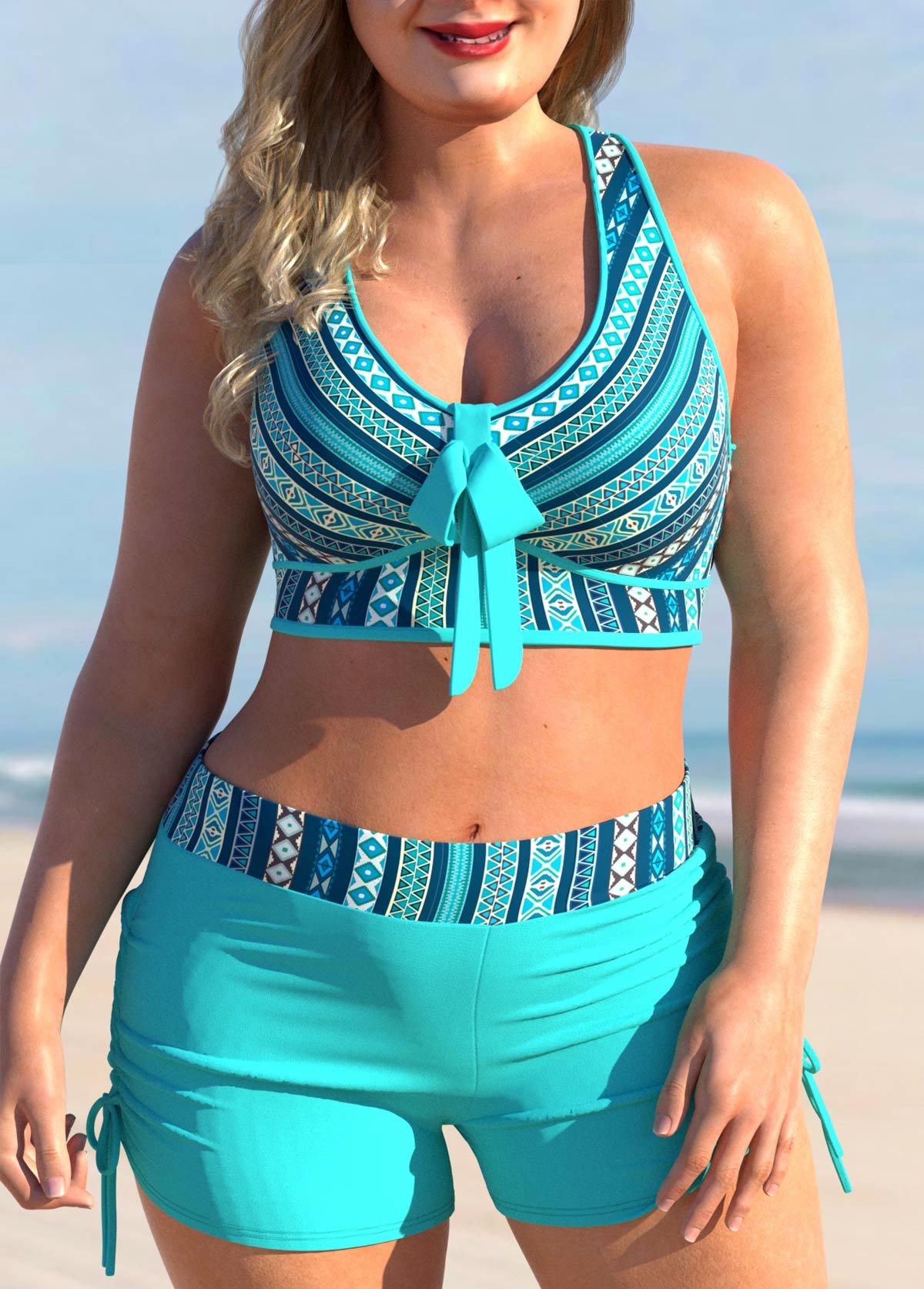 ROTITA Tribal Print Cyan Striped Plus Size Bikini Set