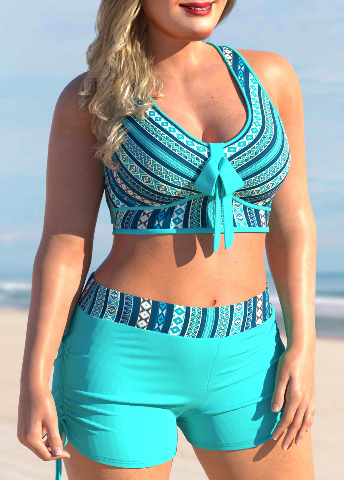 Cyan plus size,Tribal plus size,ROTITA Tribal Print Cyan Striped Plus Size Bikini Set