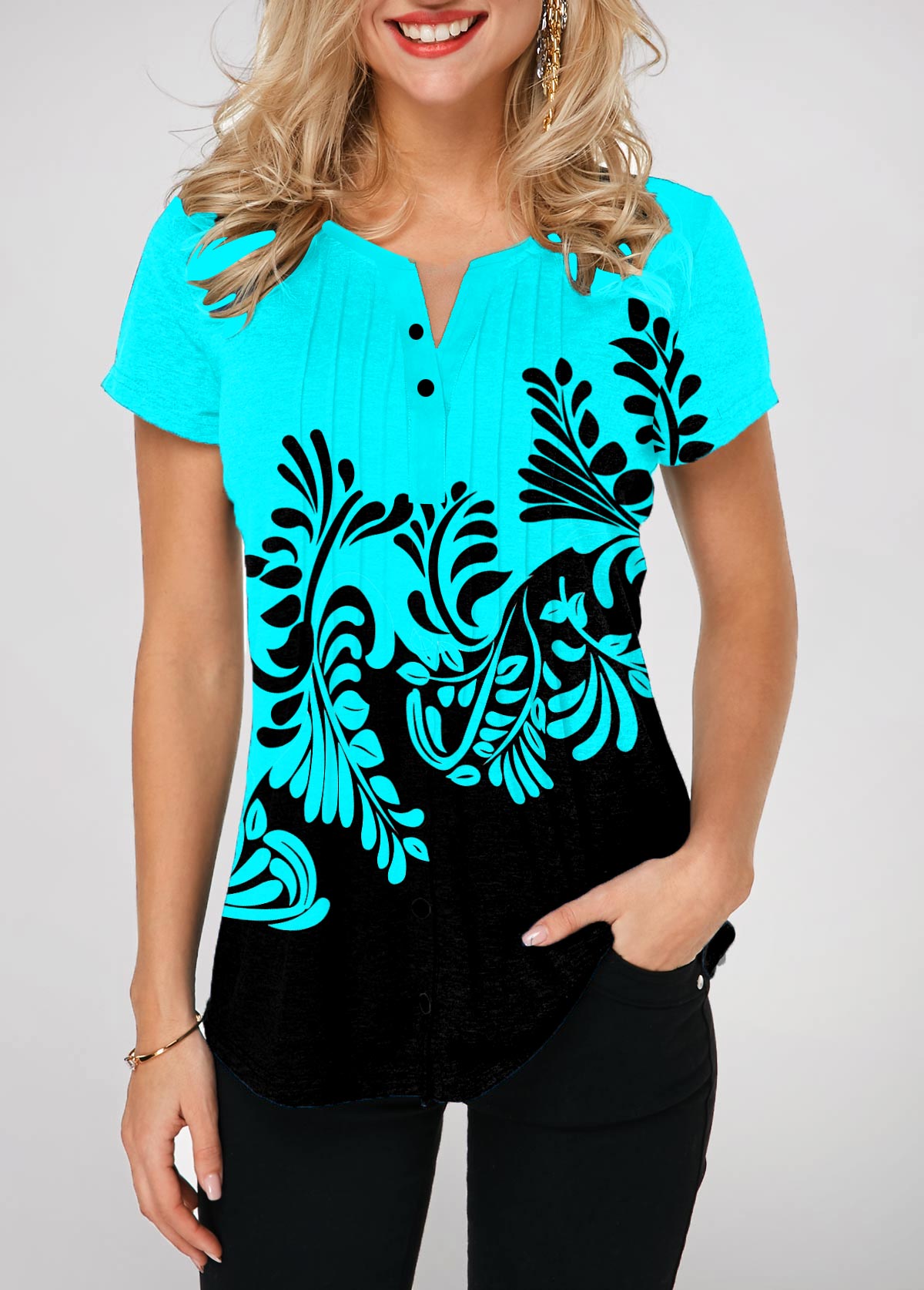Cyan tops,Floral tops,ROTITA Split Neck Cyan Contrast Printed T Shirt