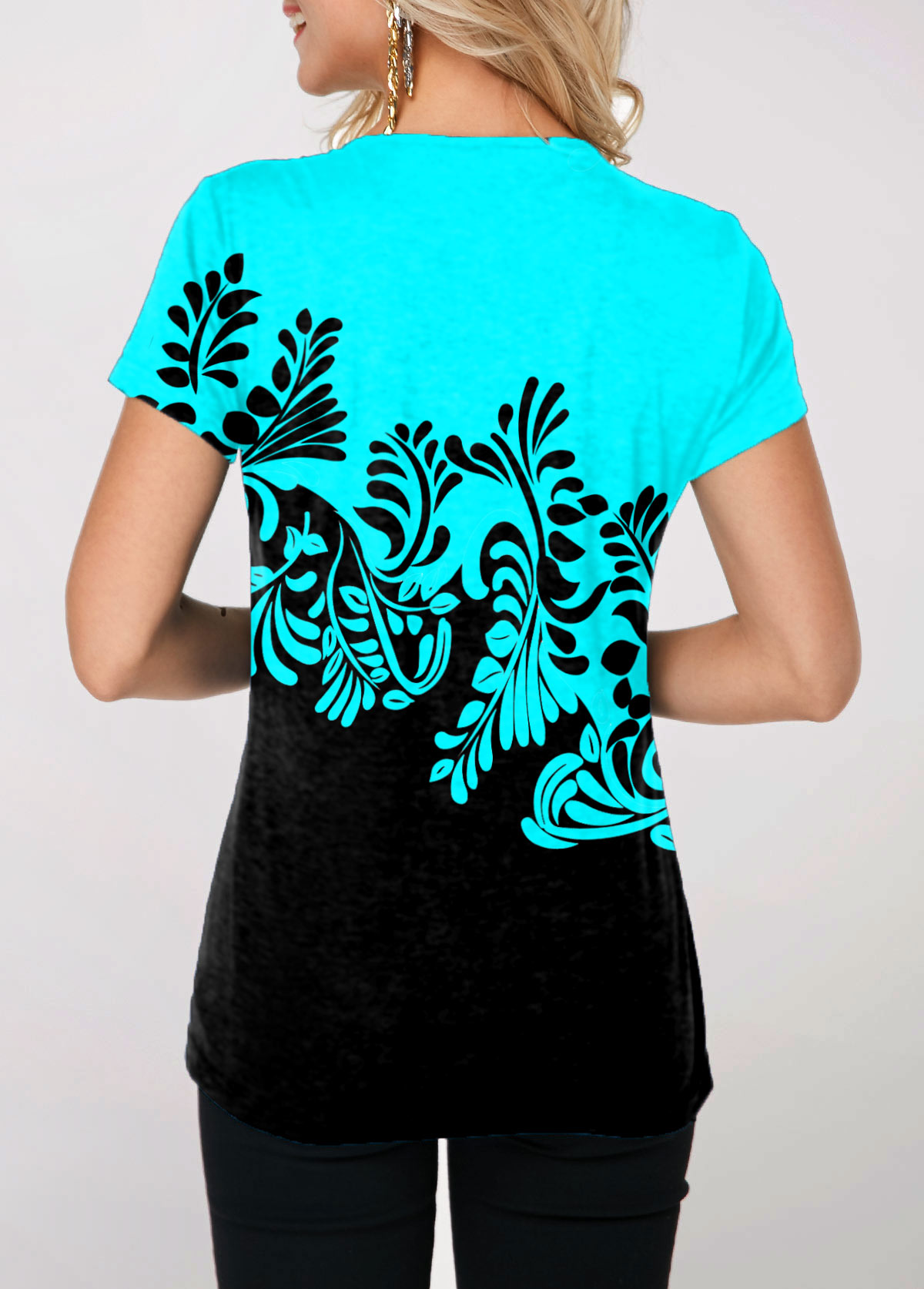 Cyan tops,Floral tops,ROTITA Split Neck Cyan Contrast Printed T Shirt