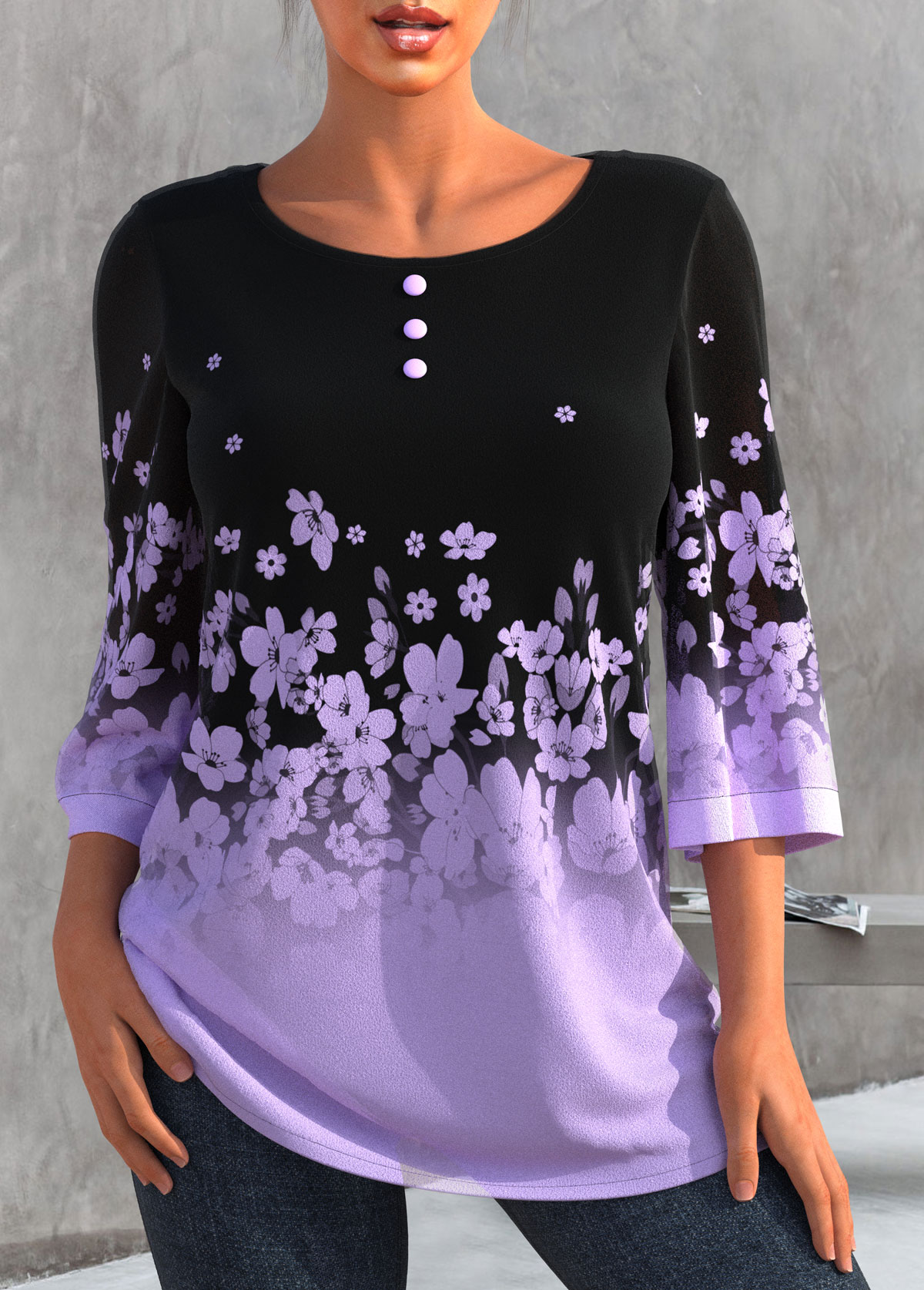 ROTITA Light Purple Floral Print Ombre T Shirt