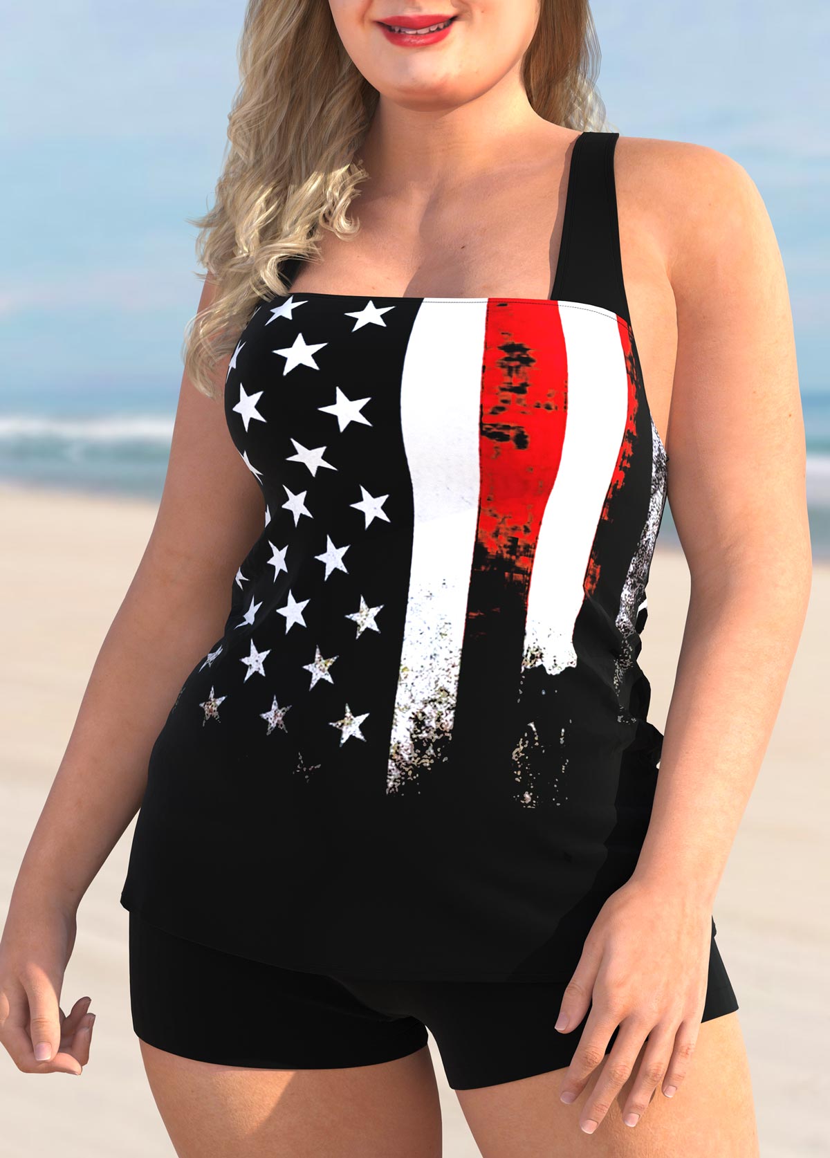 Black plus size,Flag plus size,ROTITA Plus Size Black American Flag Print Tankini Top