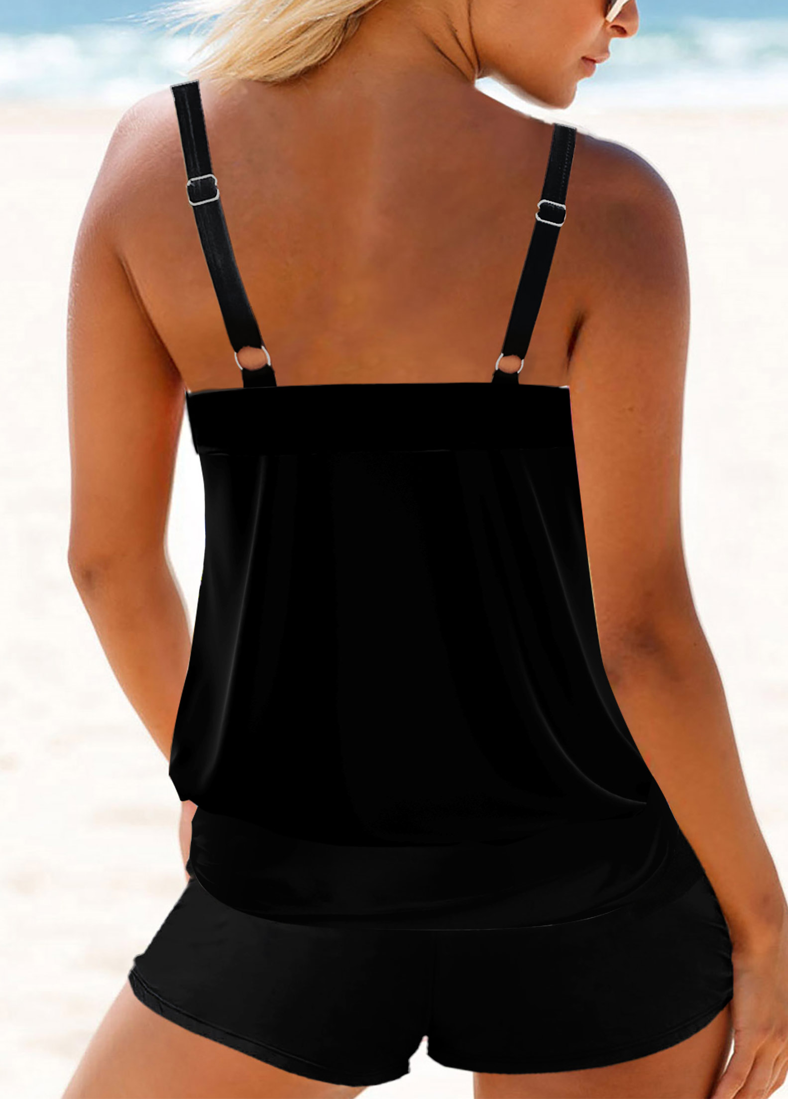 Black swimwear,Floral swimwear,ROTITA Stripe and Floral Print Double Straps Tankini Top