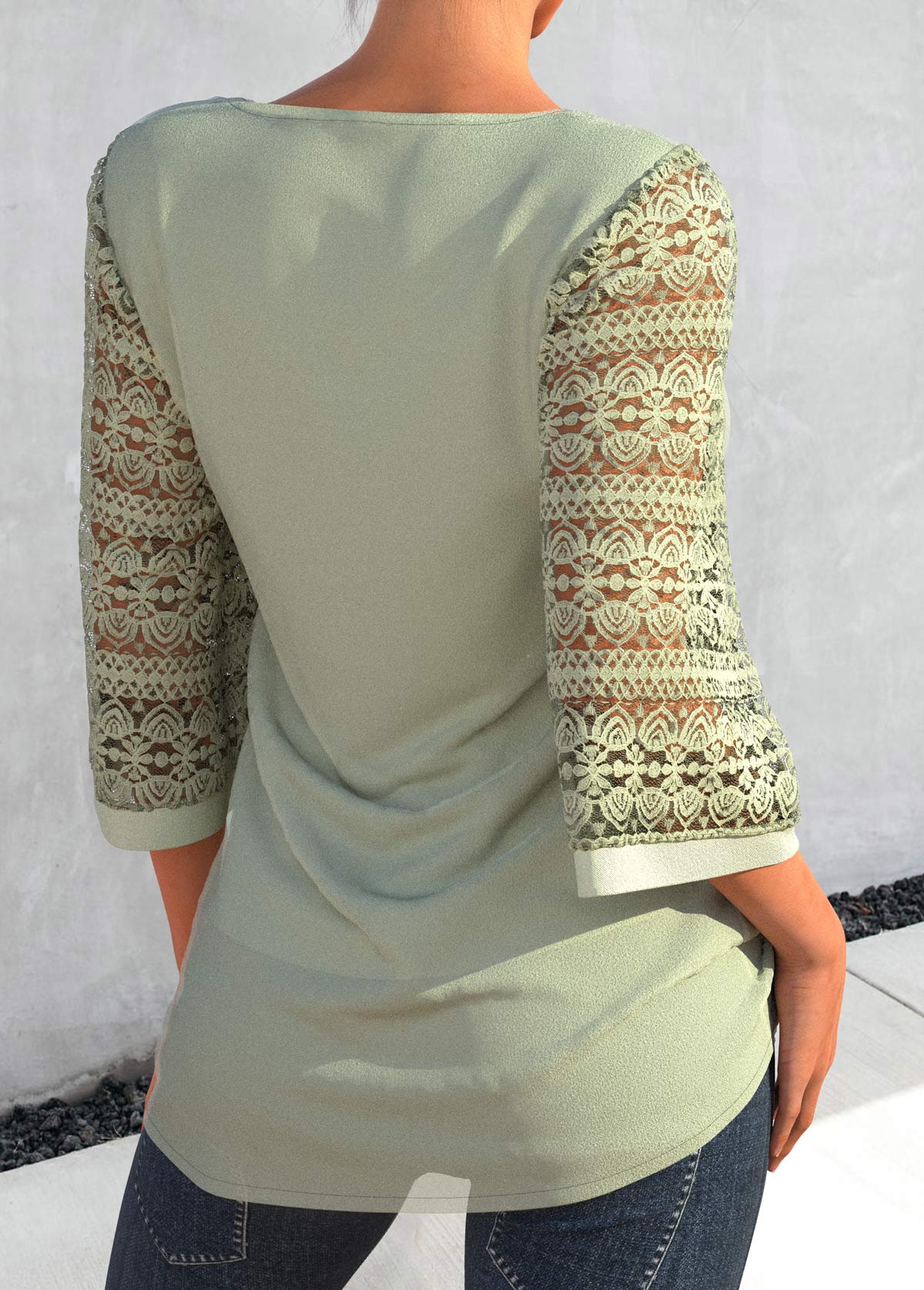 Sage Green tops,Plain Color tops,ROTITA Sage Green Decorative Button Lace Patchwork T Shirt