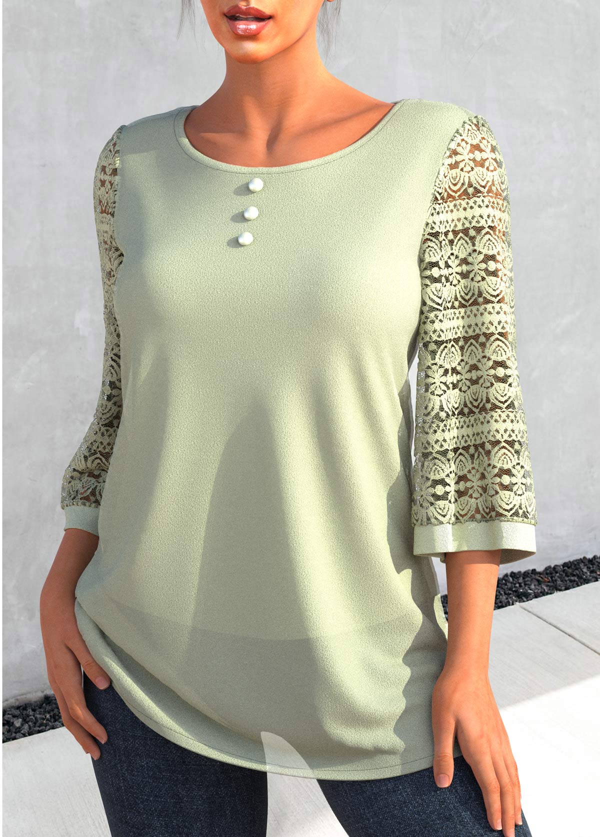 Sage Green tops,Plain Color tops,ROTITA Sage Green Decorative Button Lace Patchwork T Shirt
