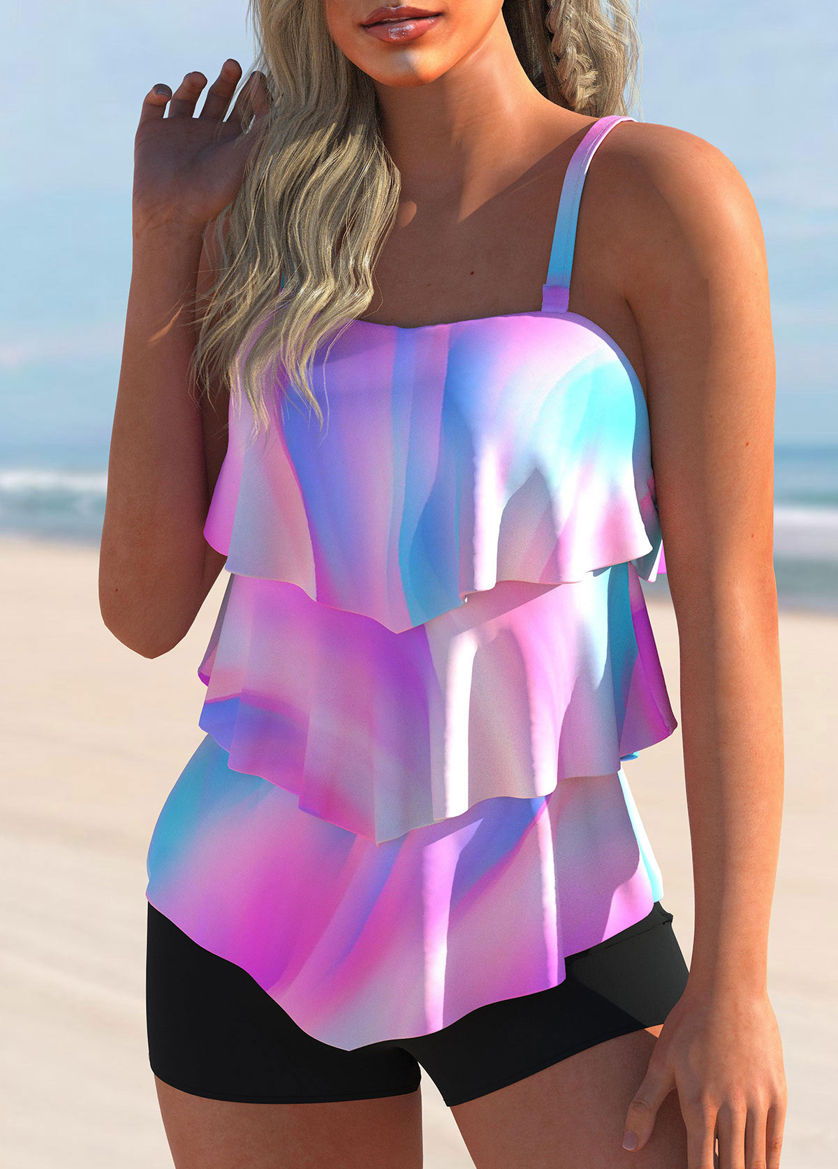 Multi Color swimwear,Ombre swimwear,ROTITA Ombre Multi Color Layered Hem Tankini Top