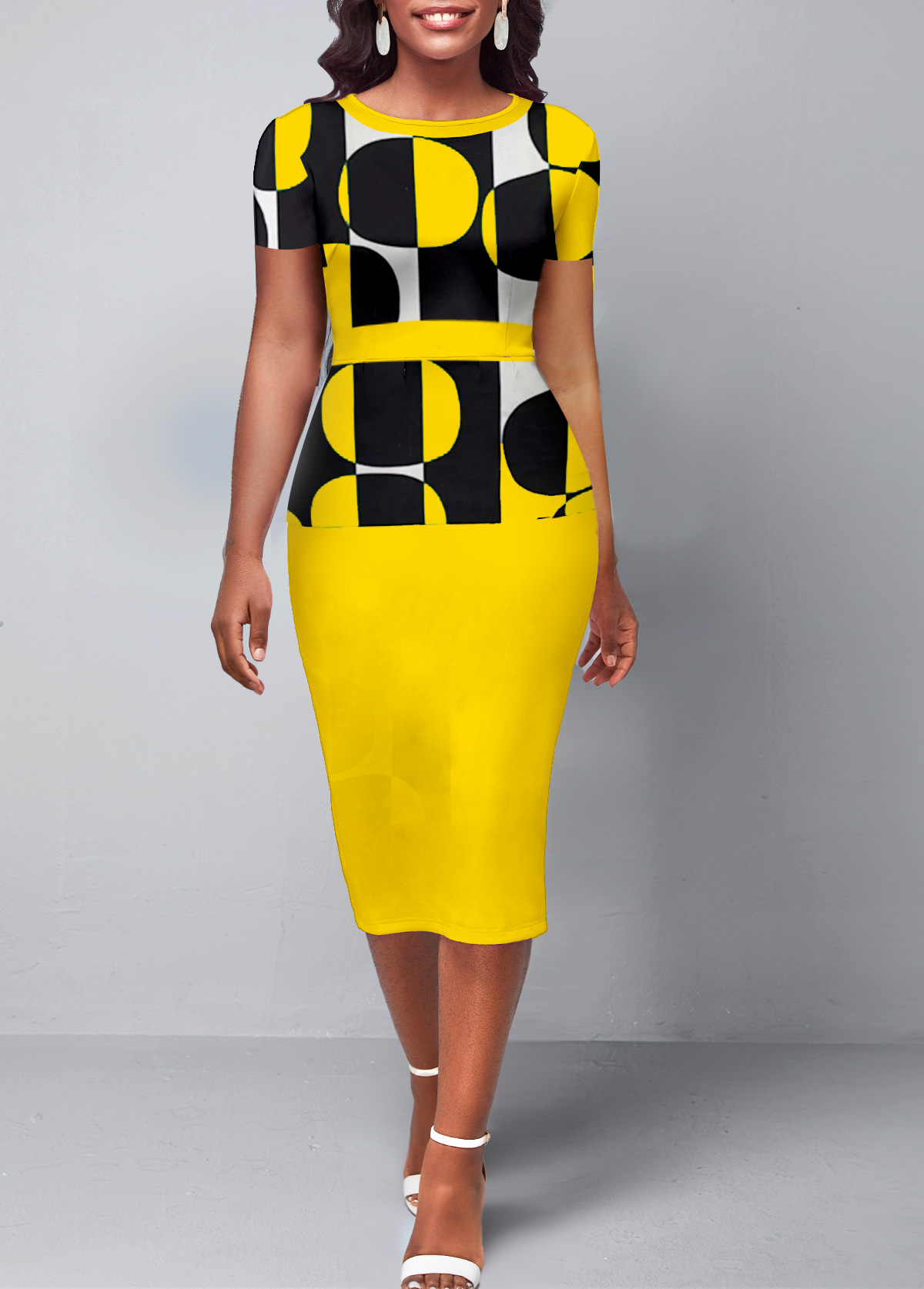 ROTITA Round Neck Geometric Print Short Sleeve Yellow Dress