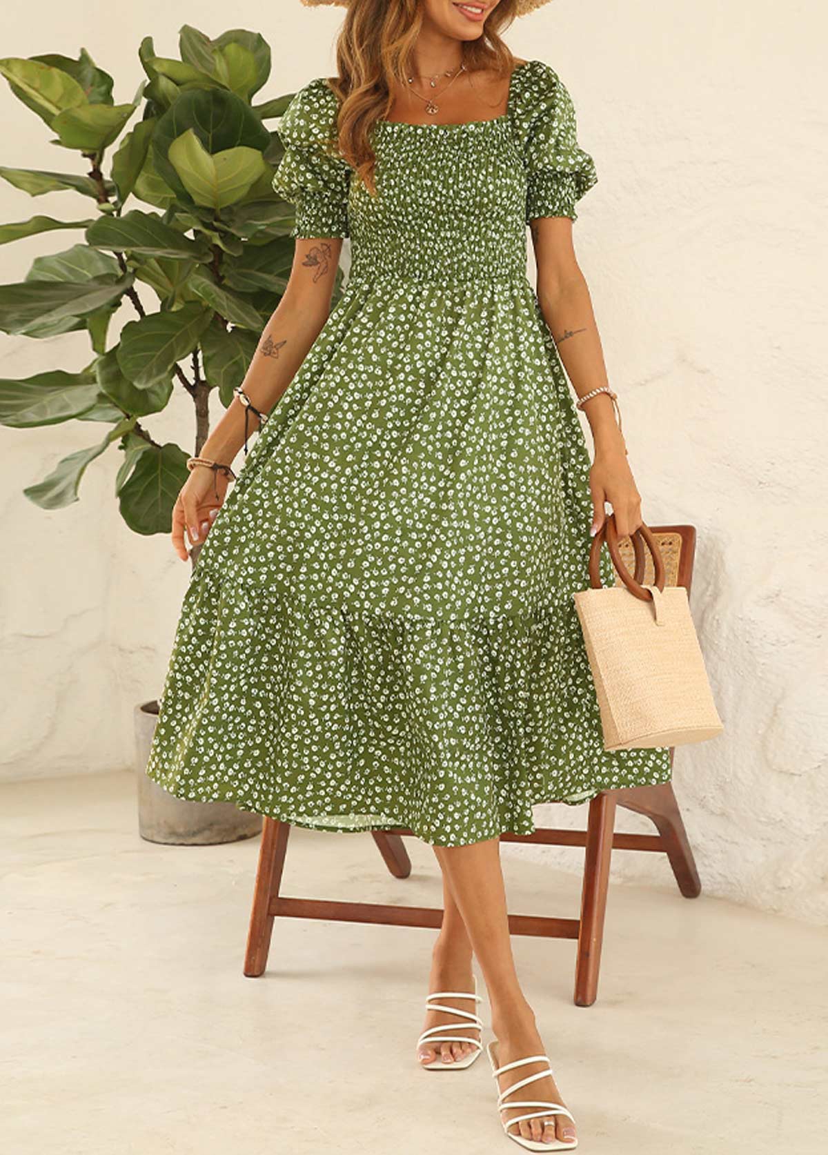 Puff Sleeve Smocked Green Printed Dress