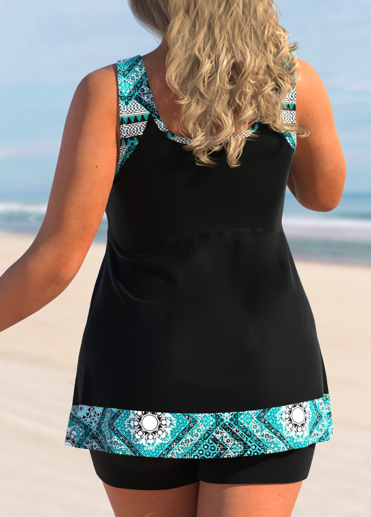 Black plus size,Tribal plus size,ROTITA Plus Size Mesh Tribal Print Black Tankini Top