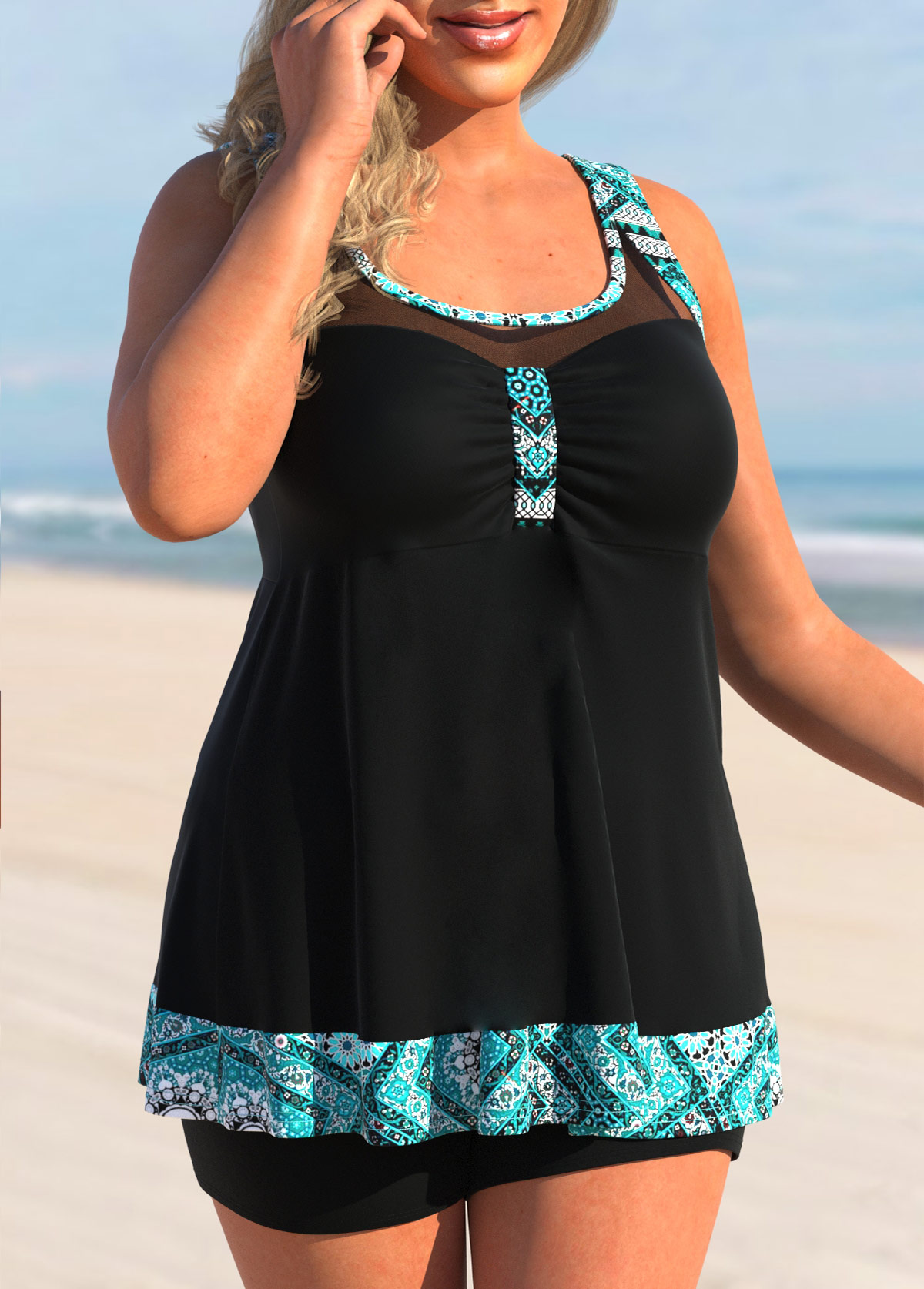 Black plus size,Tribal plus size,ROTITA Plus Size Mesh Tribal Print Black Tankini Top