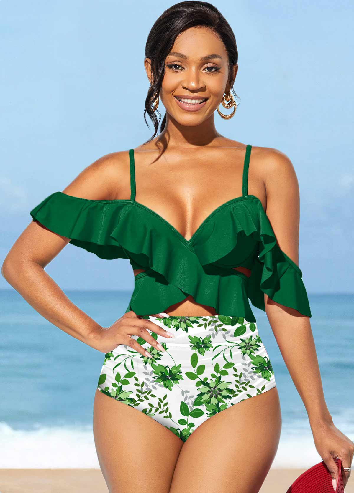 Flounce Leaf Print Green High Waisted Bikini Set