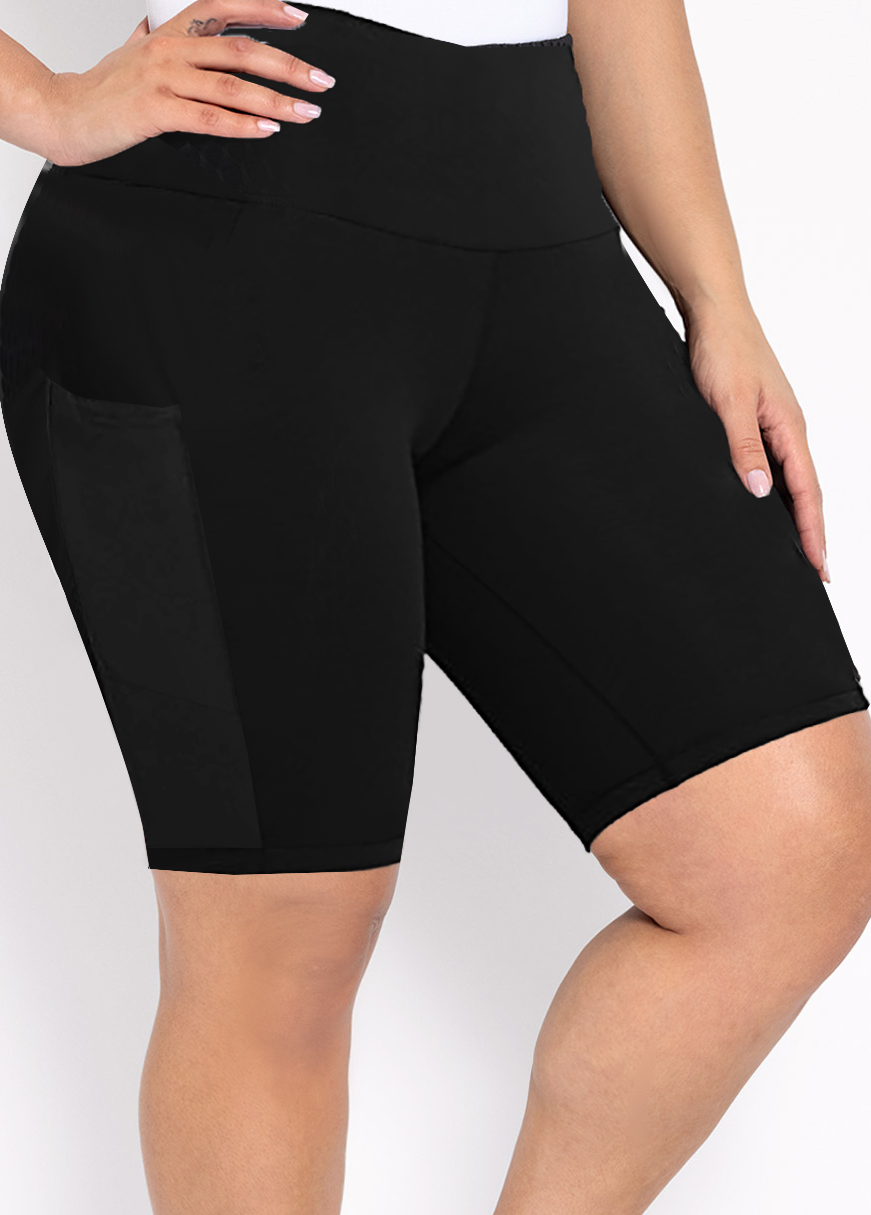 ROTITA Plus Size Pocket Black High Waisted Skinny Swim Shorts