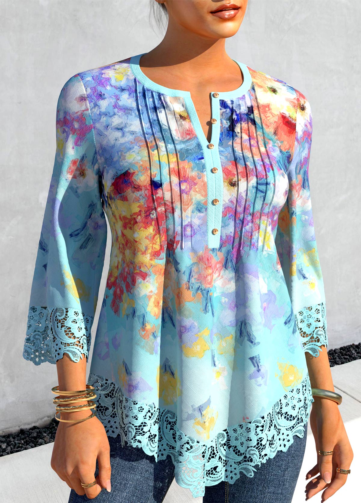 Light Blue tops,Floral tops,ROTITA Floral Print Light Blue Asymmetric Hem Blouse