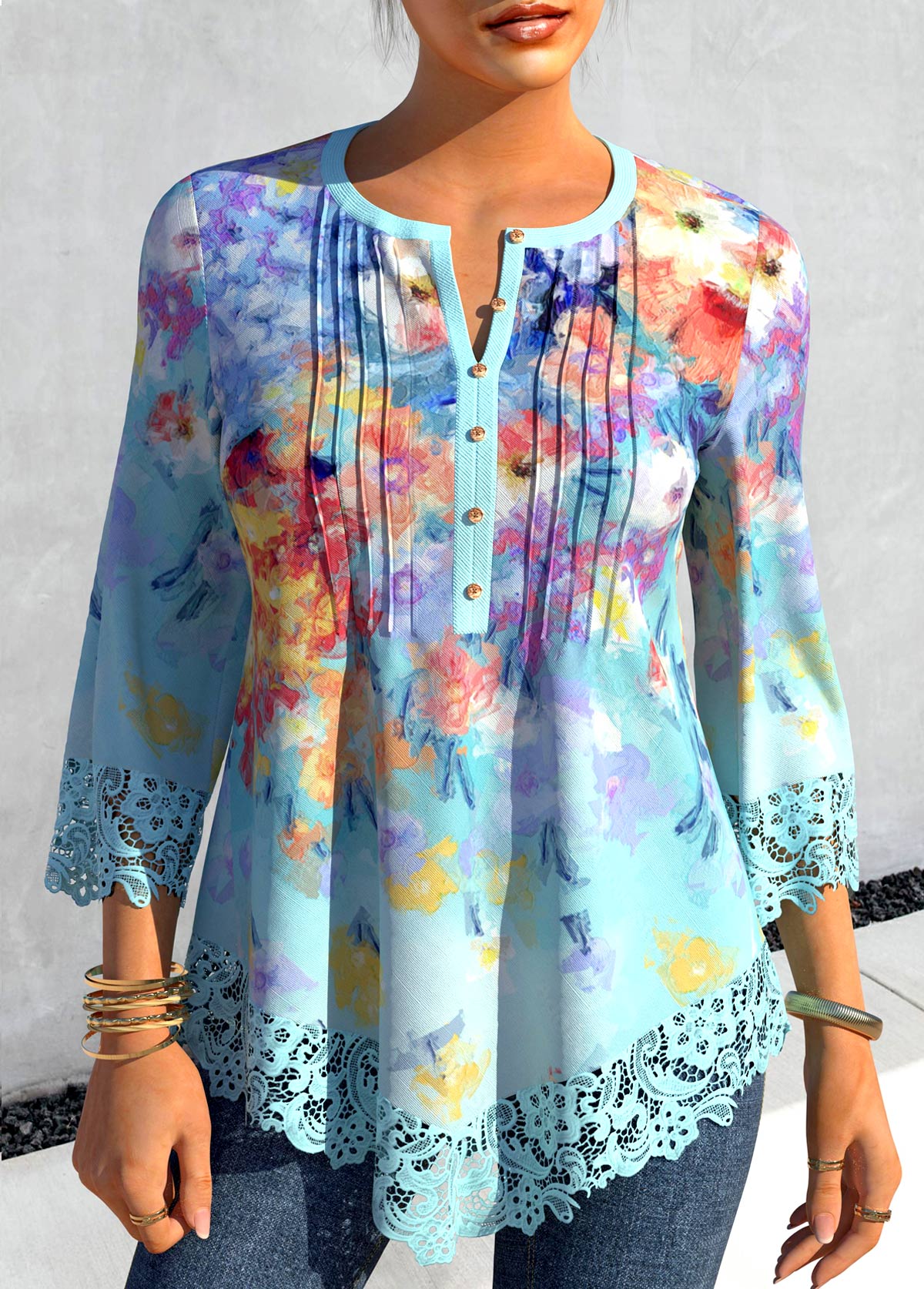 Light Blue tops,Floral tops,ROTITA Floral Print Light Blue Asymmetric Hem Blouse