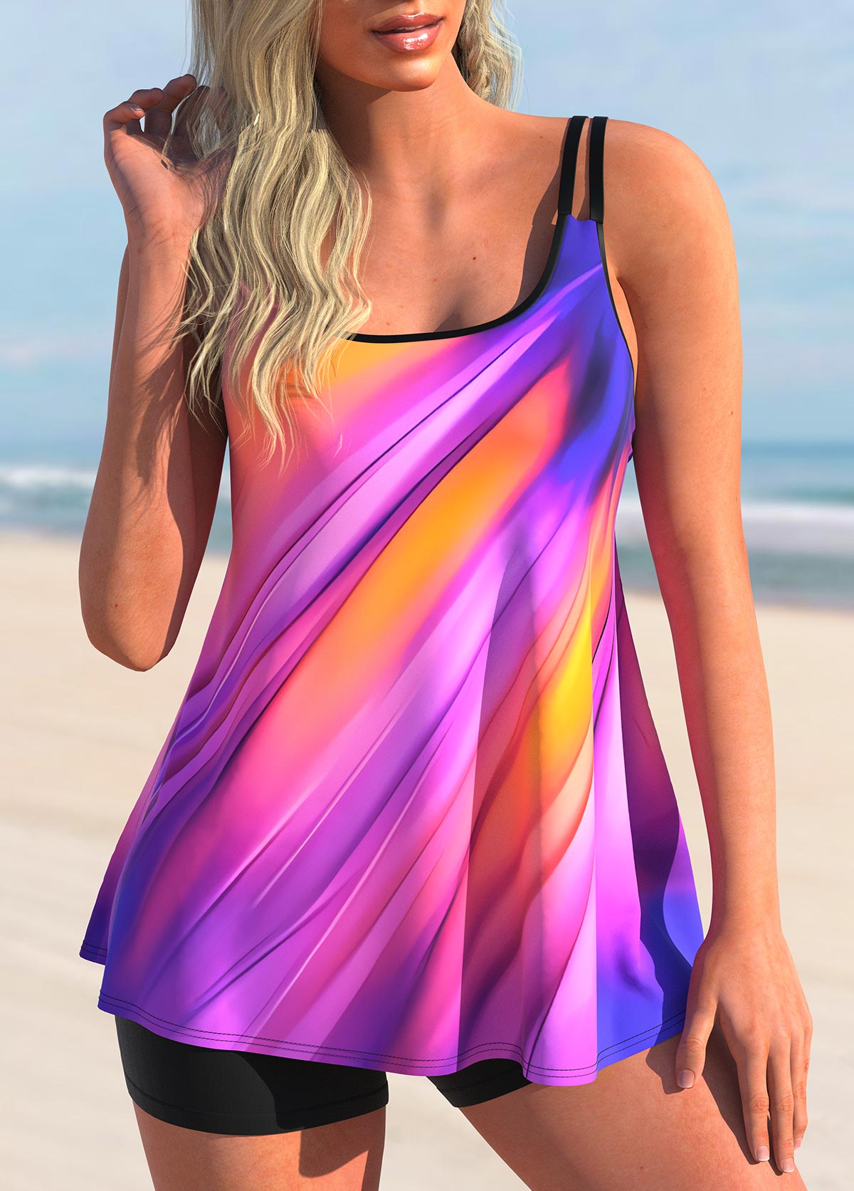 ROTITA Double Straps Printed Colorful Tankini Top