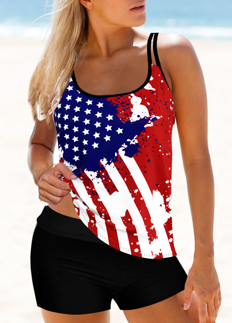 Multi Color swimwear,Flag swimwear,ROTITA American Flag Print Multi Color Tankini Top