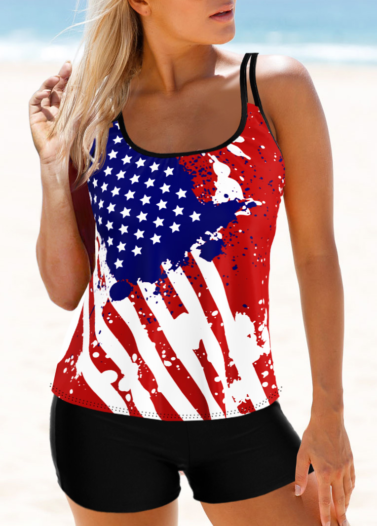 Multi Color swimwear,Flag swimwear,ROTITA American Flag Print Multi Color Tankini Top