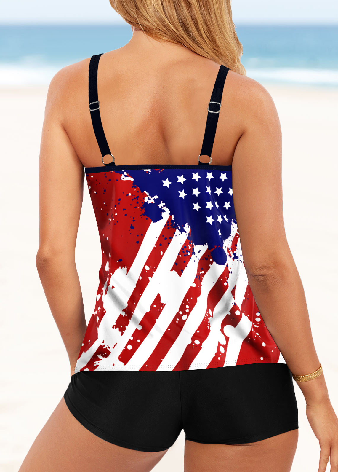Multi Color swimwear,Flag swimwear,ROTITA American Flag Print Multi Color Tankini Top