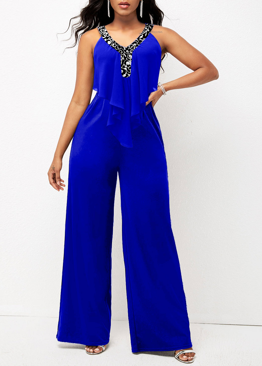 ROTITA Flounce Sleeveless V Neck Royal Blue Jumpsuit