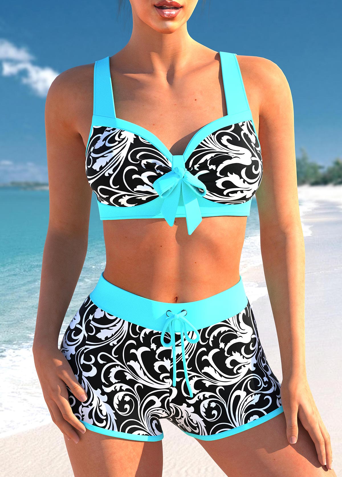 ROTITA Contrast Stitch Floral Print Cyan Bikini Set