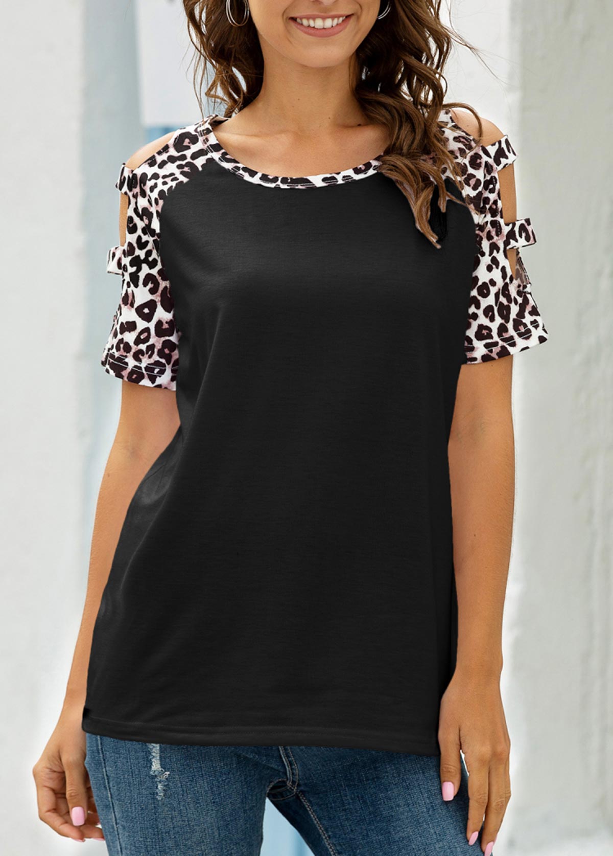 Black tops,Leopard tops,Leopard Black Ladder Cutout Round Neck T Shirt