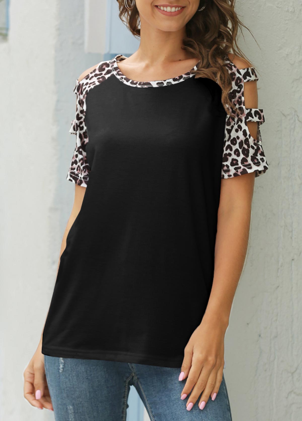 Black tops,Leopard tops,Leopard Black Ladder Cutout Round Neck T Shirt