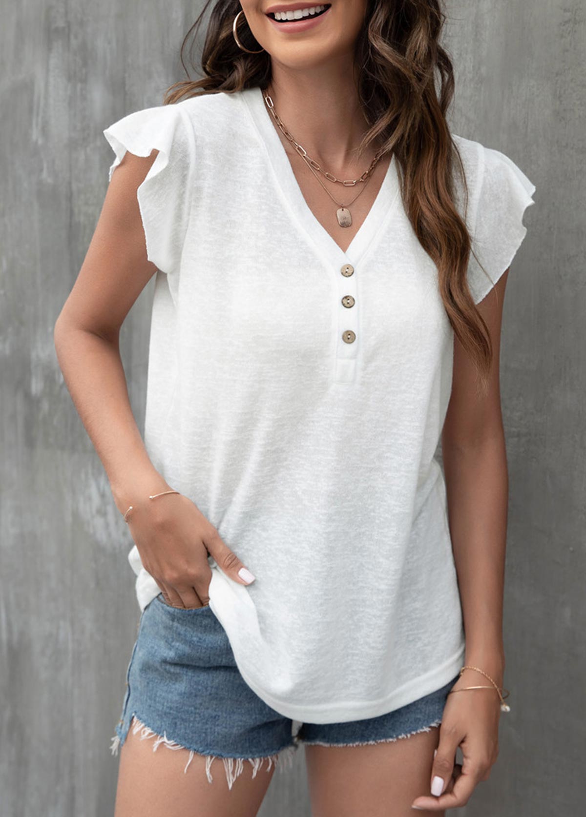 Flounce White Button Detail T Shirt