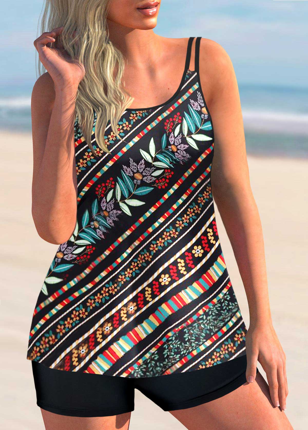 Multi Color swimwear,Floral swimwear,Double Straps Floral Print Multi Color Tankini Set