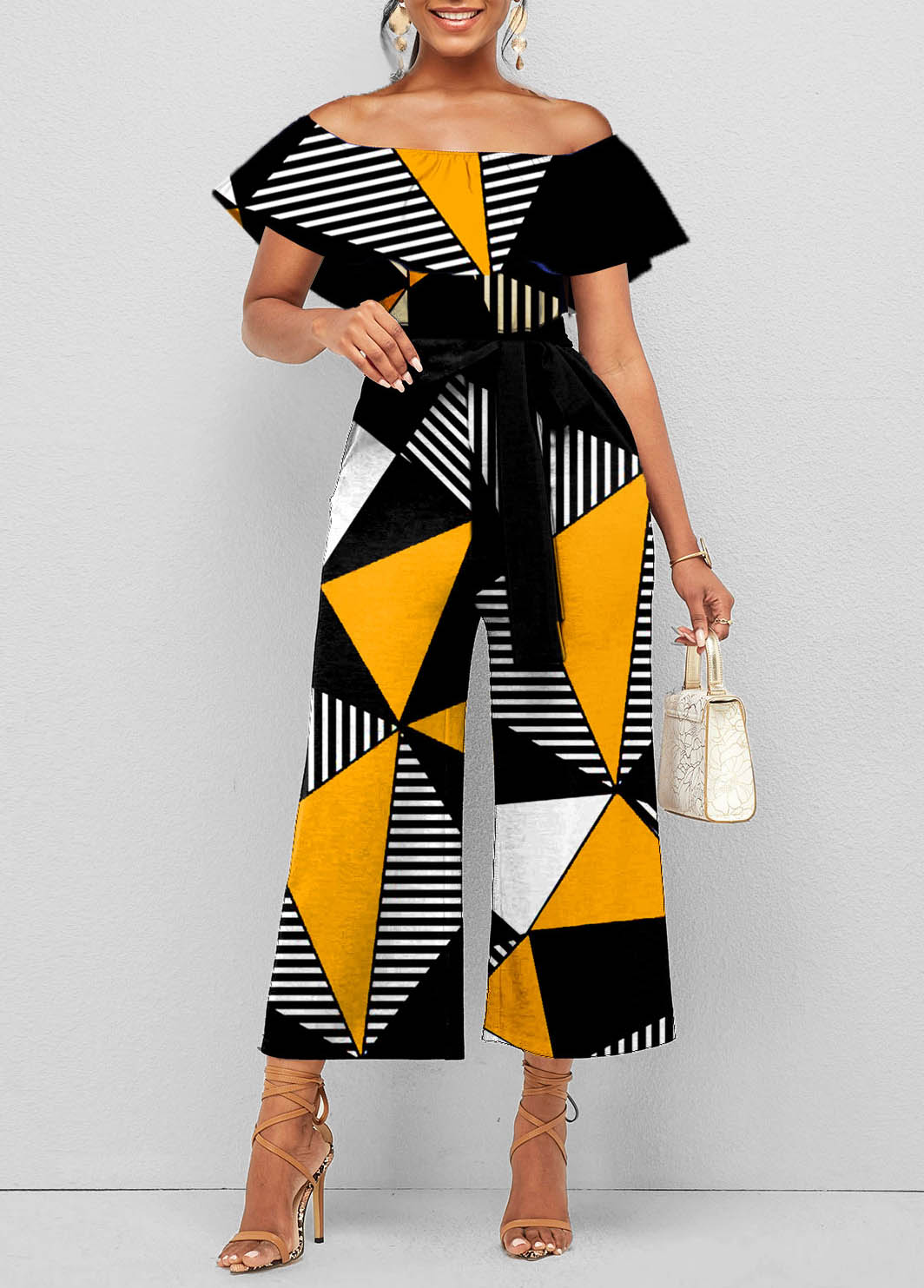ROTITA Geometric Print Color Block Off Shoulder Belted Jumpsuit