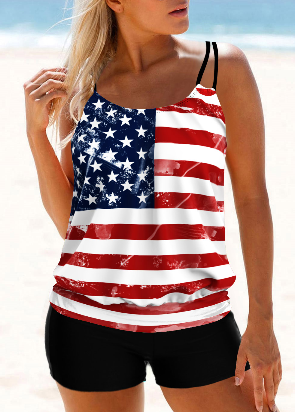 Multi Color swimwear,Flag swimwear,ROTITA Multi Color American Flag Print Tankini Top