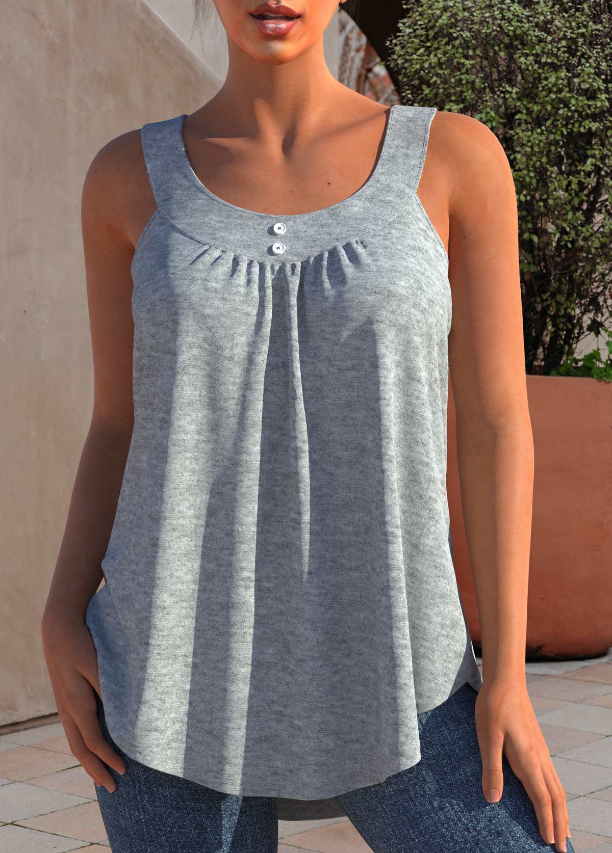 Light Grey Marl tops,Plain Color tops,ROTITA Decorative Button Grey Marl Round Neck Tank Top