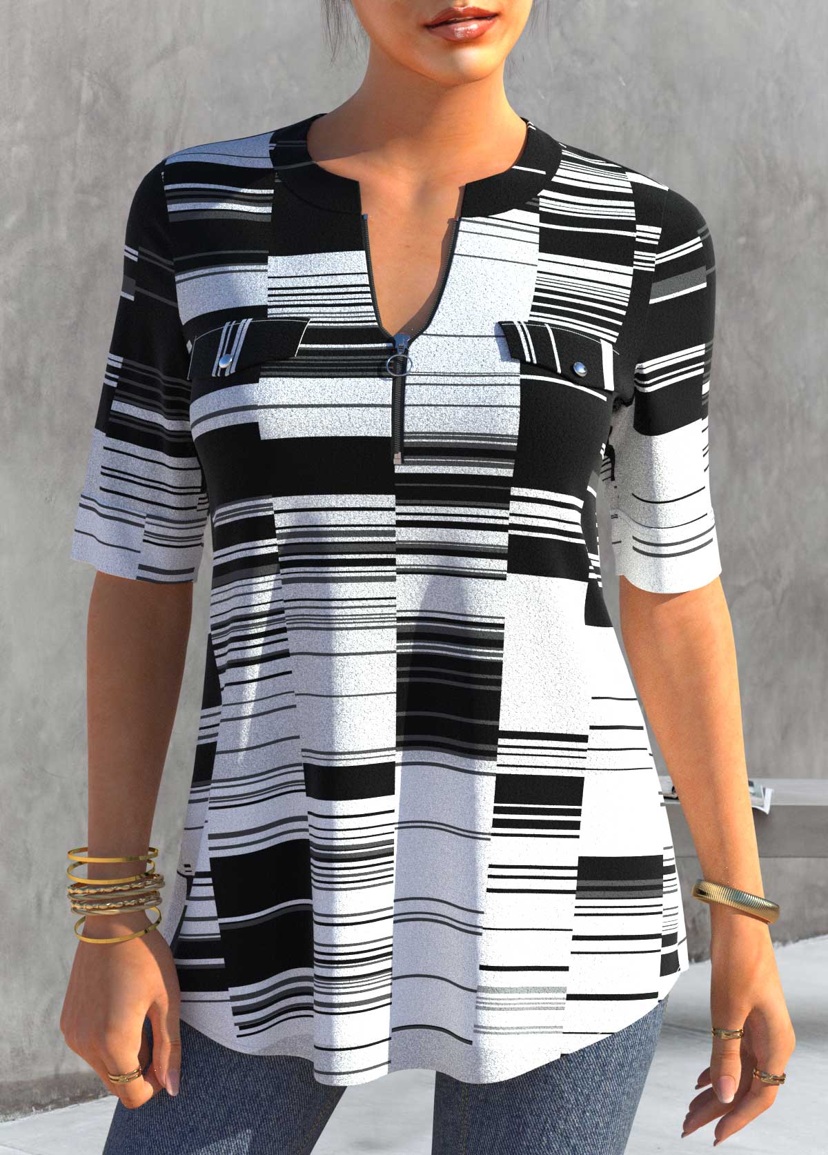 Black tops,Geometric tops,ROTITA Black Geometric Print Short Sleeve Split Neck Blouse