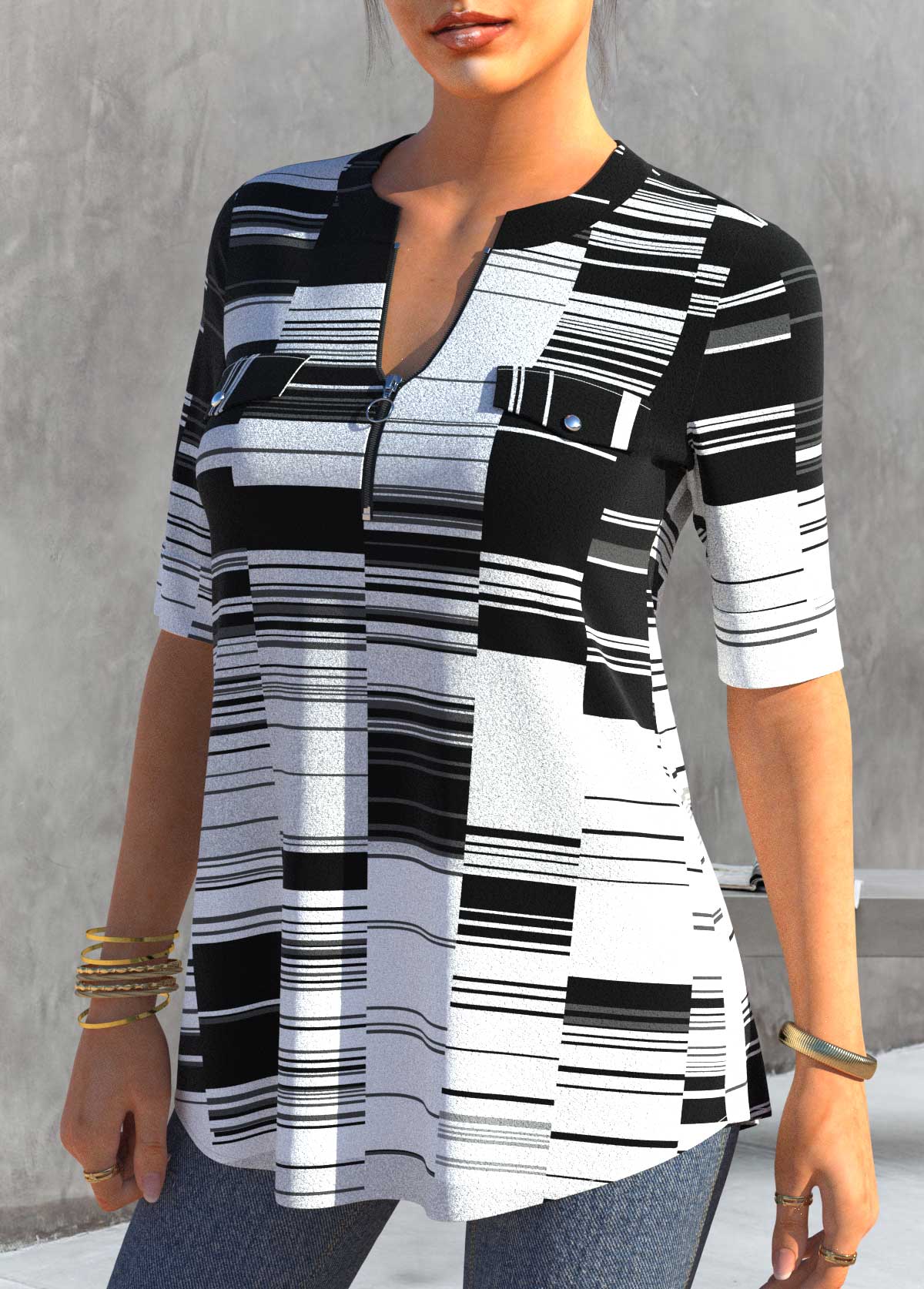 Black tops,Geometric tops,ROTITA Black Geometric Print Short Sleeve Split Neck Blouse