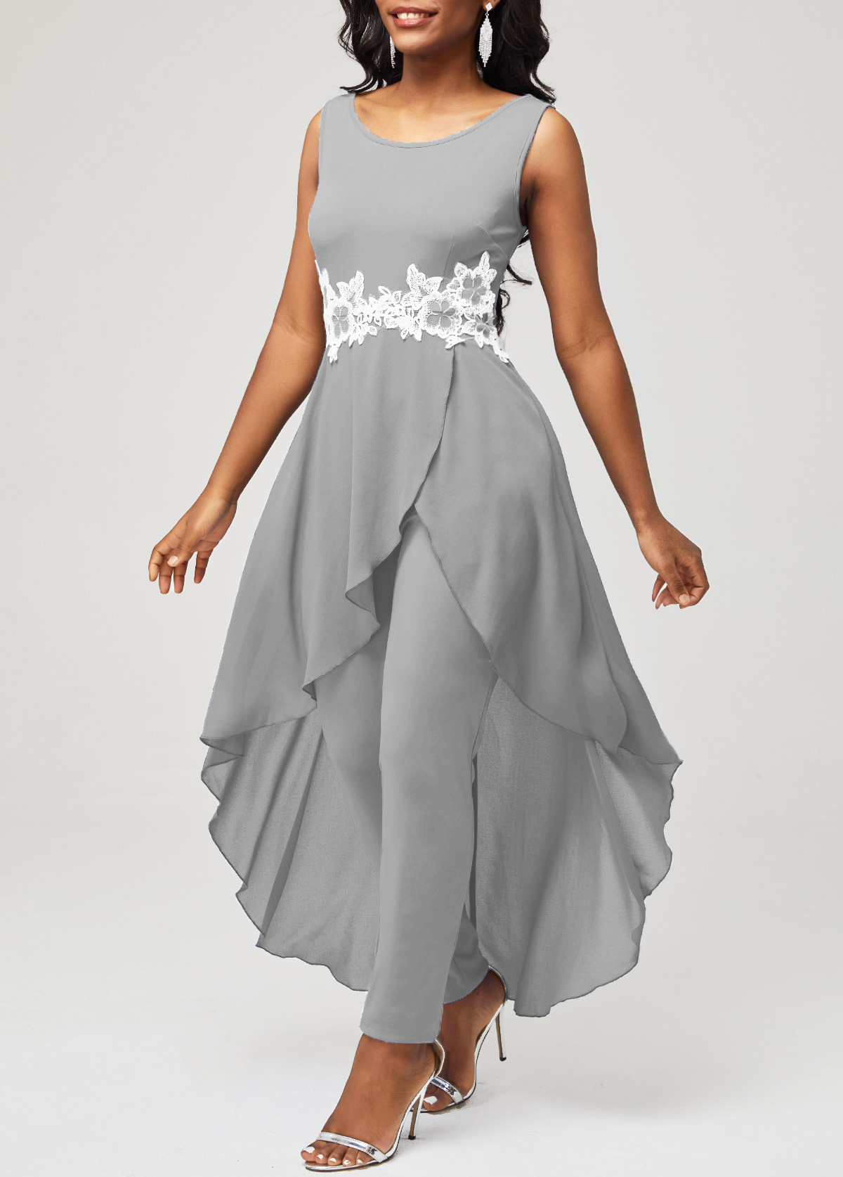 Grey jumpsuits & rompers,Plain Color jumpsuits & rompers,ROTITA Lace Stitching Grey Faux Two Piece Jumpsuit