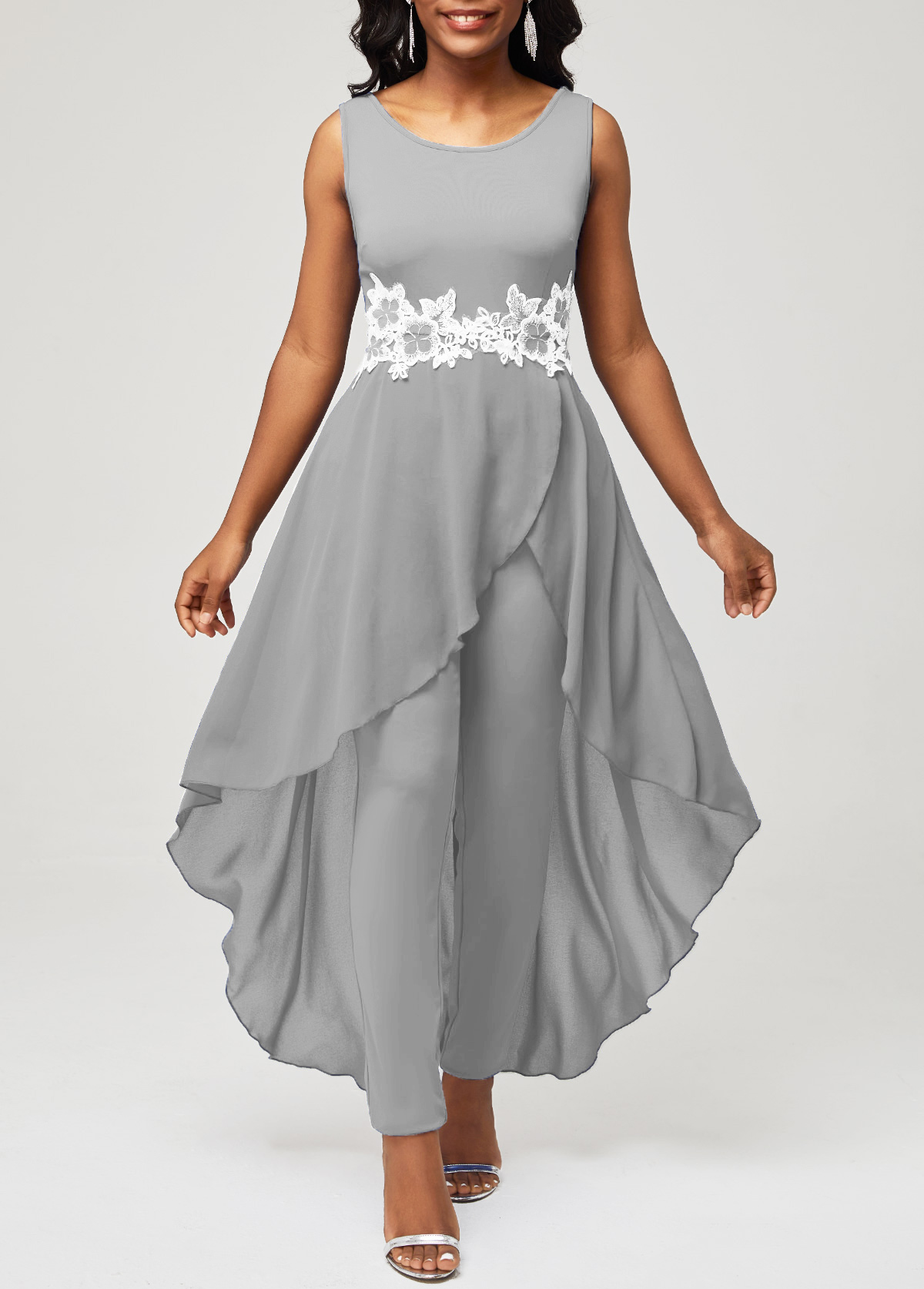 Grey jumpsuits & rompers,Plain Color jumpsuits & rompers,ROTITA Lace Stitching Grey Faux Two Piece Jumpsuit