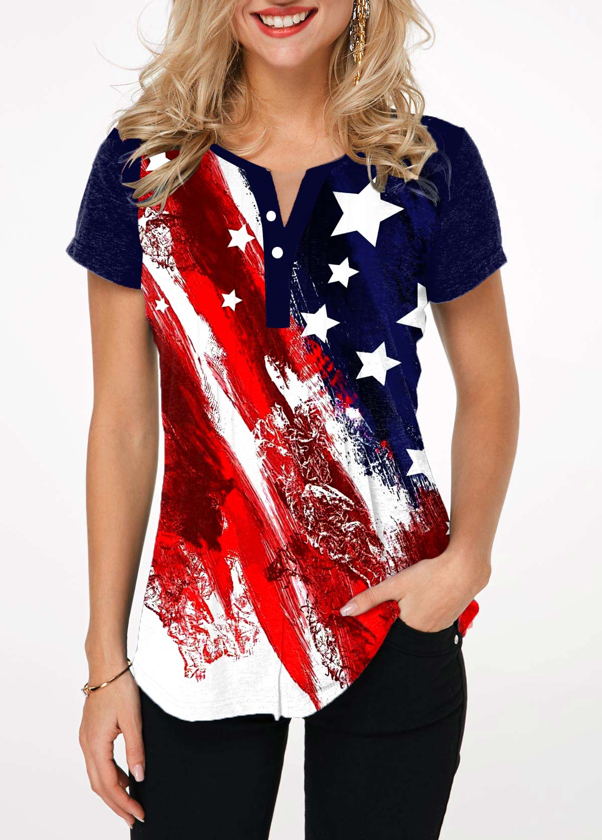 ROTITA Crinkle Chest American Flag Print Multi Color T Shirt
