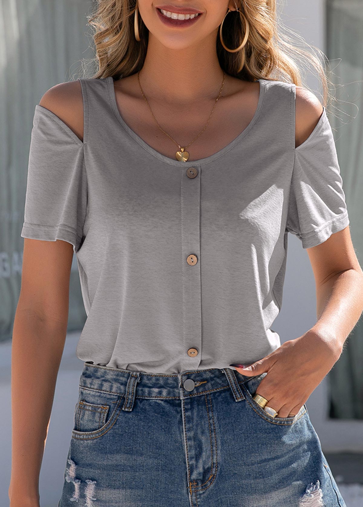 Light Grey tops,Plain Color tops,Cold Shoulder Light Grey Decorative Button T Shirt