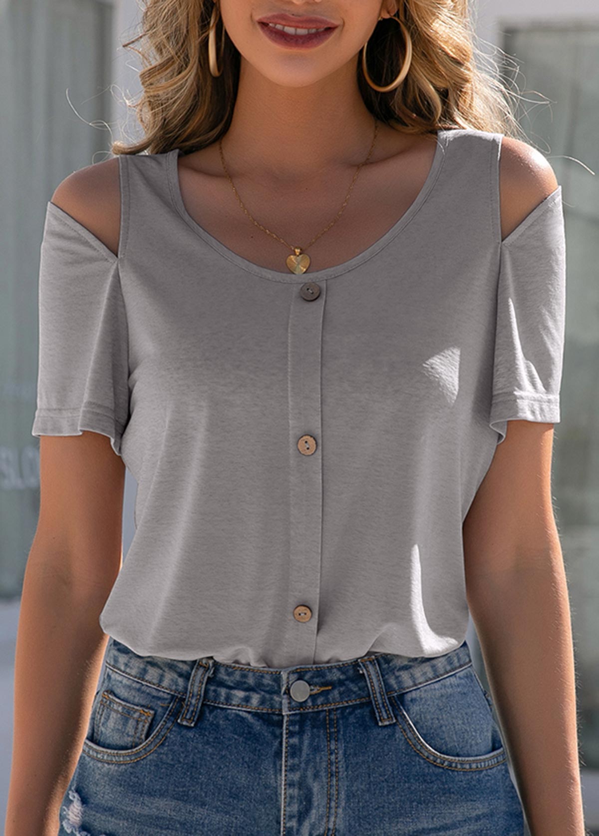 Light Grey tops,Plain Color tops,Cold Shoulder Light Grey Decorative Button T Shirt
