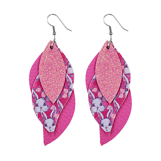 Easter Leather Layered Rabbit Print Pink Earrings
