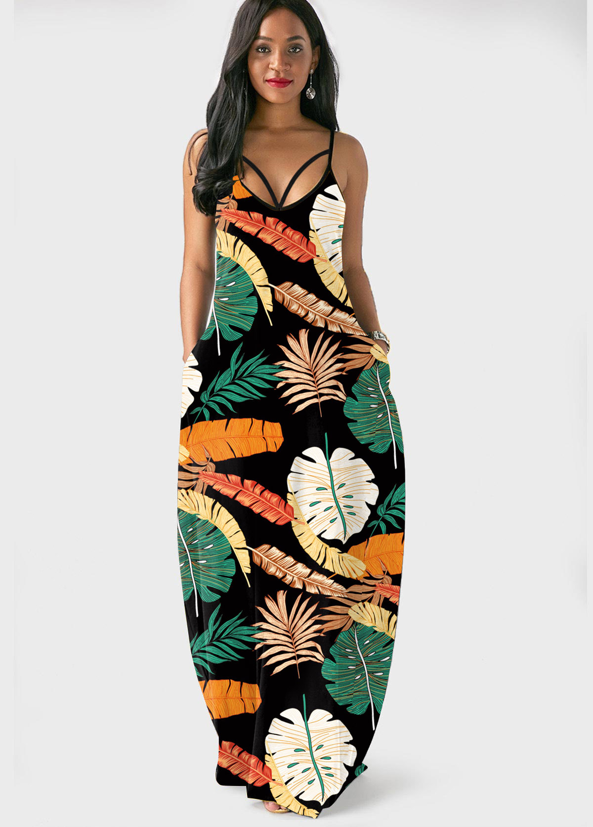 Multi Color dresses,Plants dresses,Spaghetti Strap Leaf Print Double Side Pocket Dress