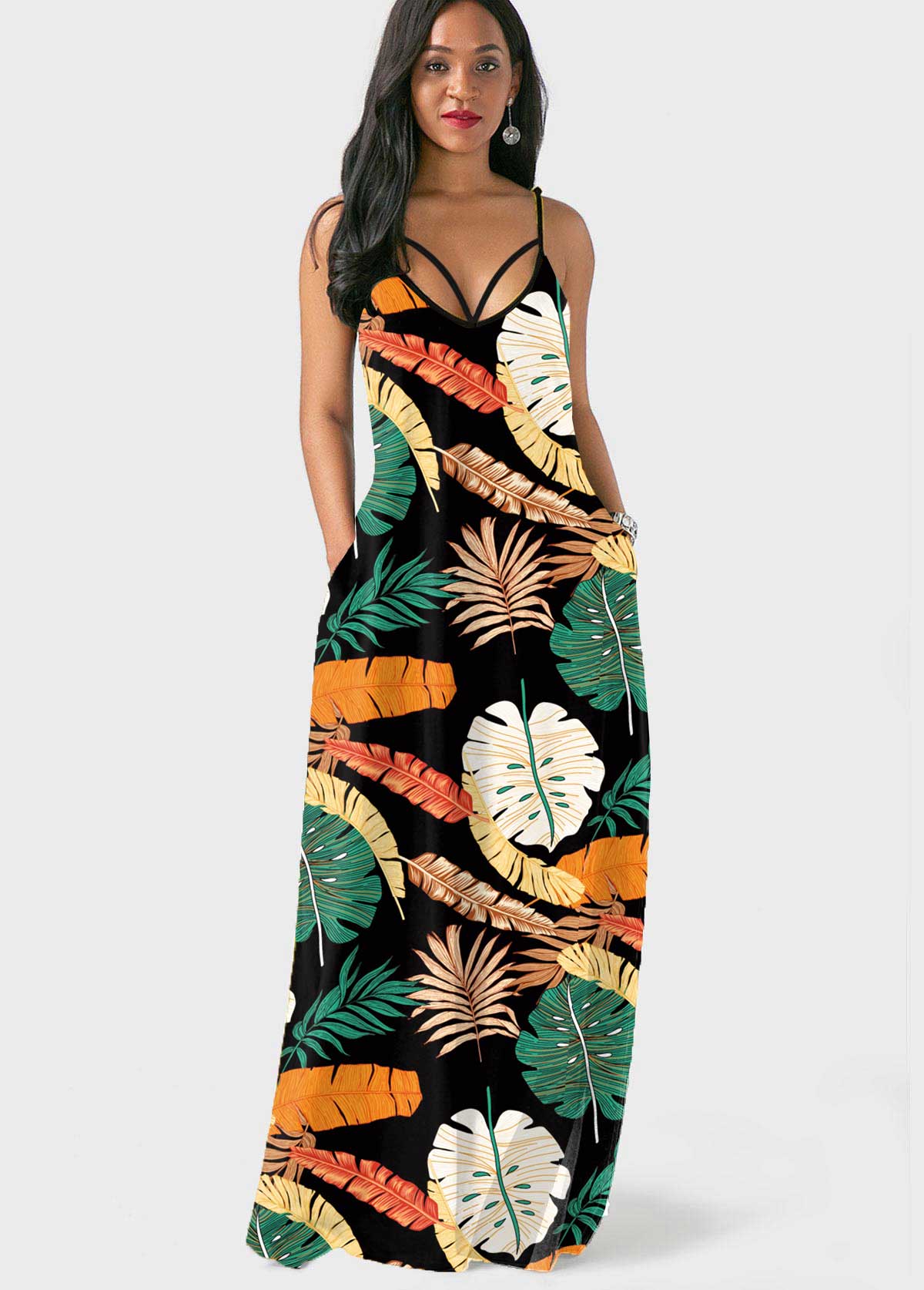 Multi Color dresses,Plants dresses,Spaghetti Strap Leaf Print Double Side Pocket Dress