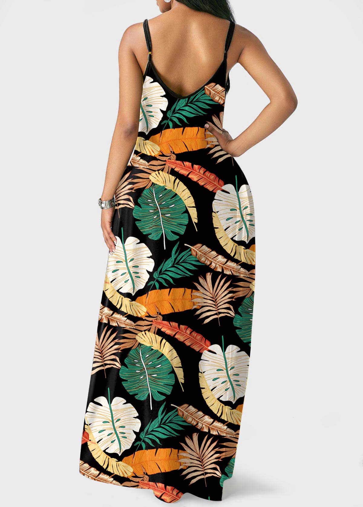 Multi Color dresses,Plants dresses,Spaghetti Strap Leaf Print Double Side Pocket Dress