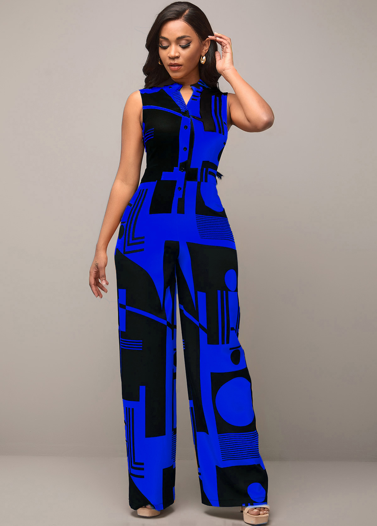 ROTITA Pocket Geometric Print Royal Blue Jumpsuit