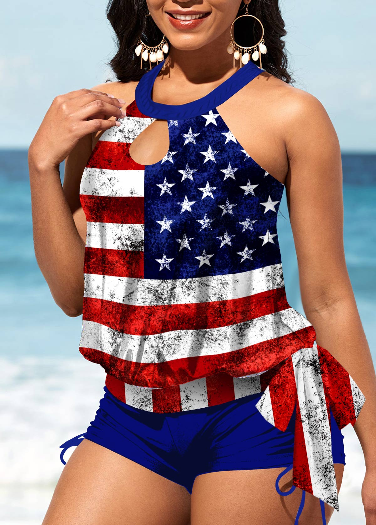 ROTITA American Flag Print Cutout Bib Neck Tankini Set