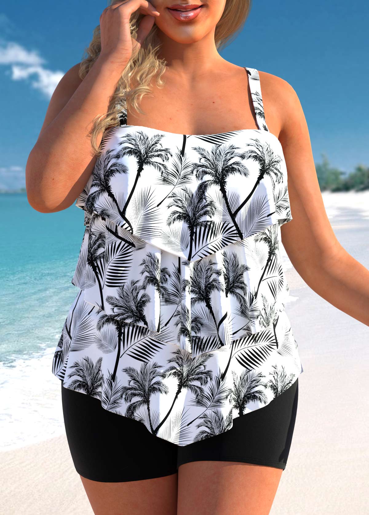 ensemble de tankini grande taille à imprimé cocotier et ourlet à volants