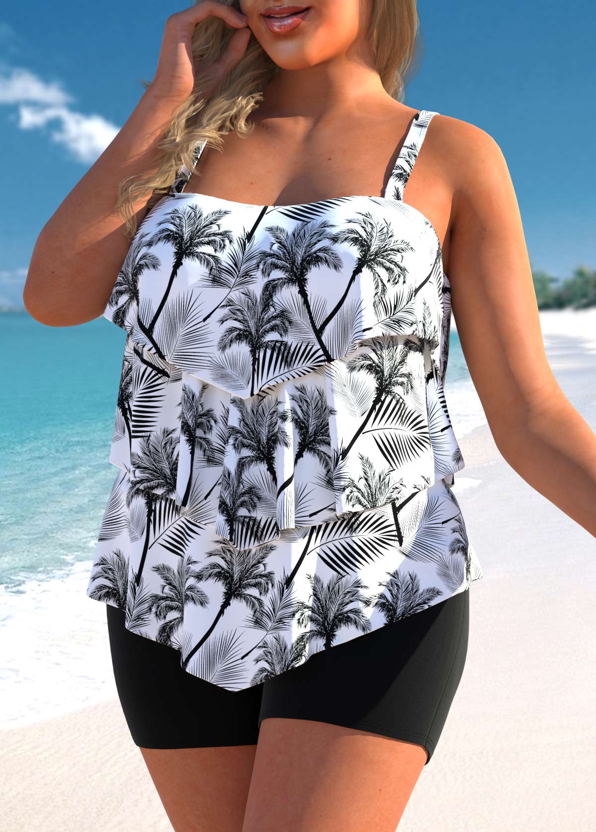 White plus size,Plants plus size,ROTITA Ruffle Hem Coconut Tree Print Plus Size Tankini Top